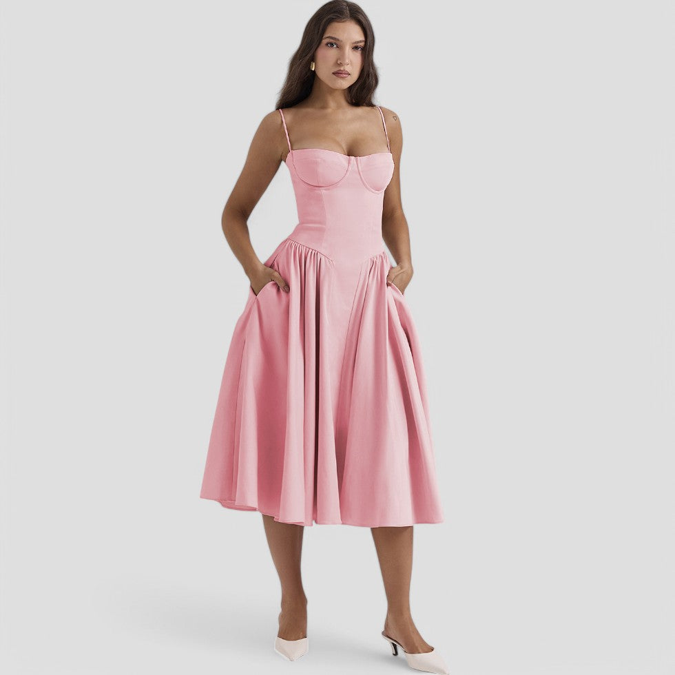 Women's Corset Midi Dress – Fit and Flare, Occasion