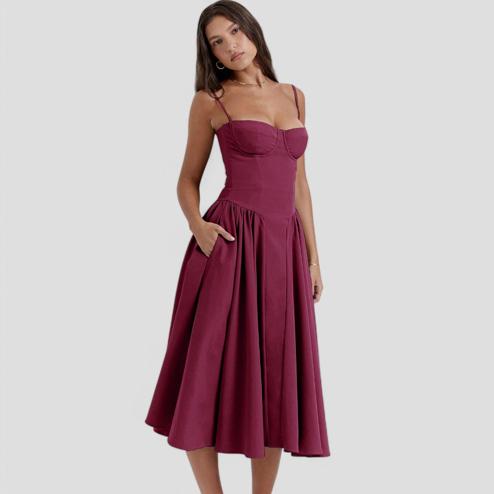 Women's Corset Midi Dress – Fit and Flare, Occasion