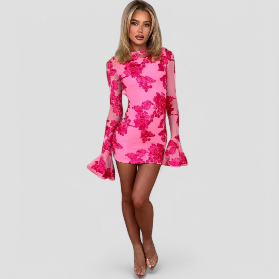 Women's Mesh Mini Dress – Floral, Bell Sleeves, Party