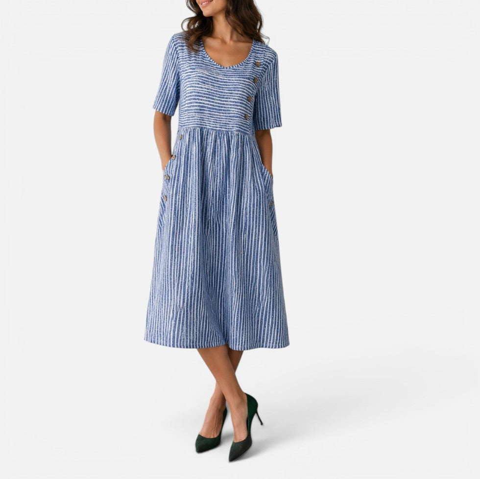 Women's Midi Dress – Striped, Button Detail