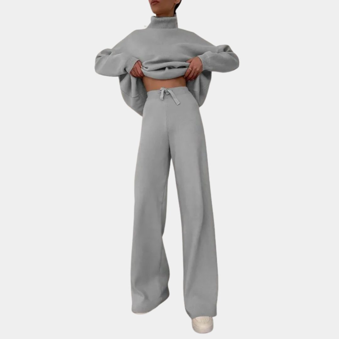 Ribbed Knit Wide Leg Set with Roll Neck for Women 10