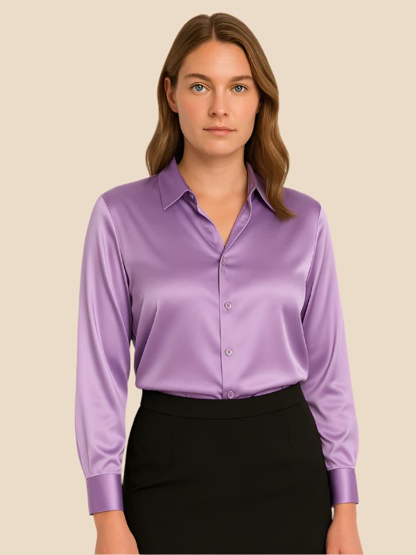 Satin Button-Down Shirt with Pointed Collar for Women 13