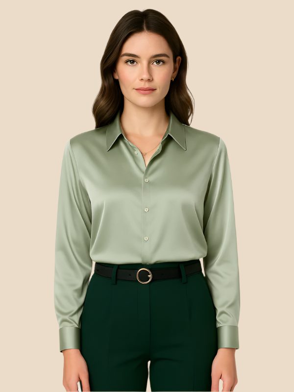 Satin Button-Down Shirt with Pointed Collar for Women 15