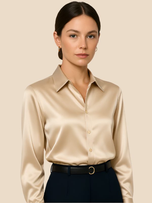 Satin Button-Down Shirt with Pointed Collar for Women 18